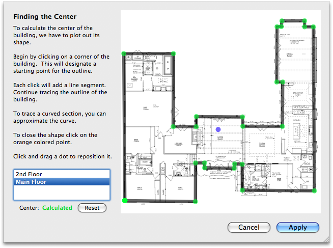 Calculate the center of any shaped building.